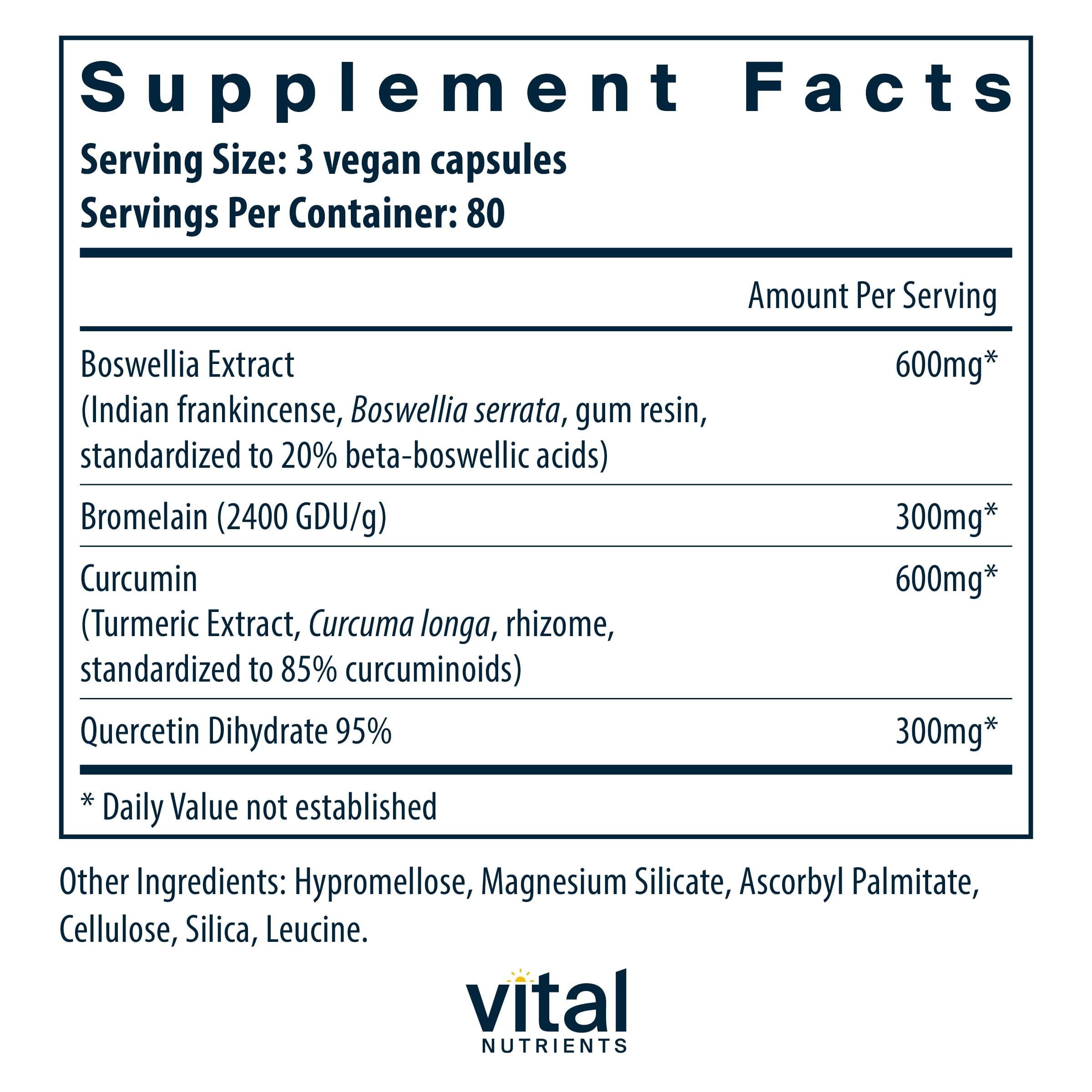 Vital Nutrients BCQ | Vegan Boswellia, Bromelain, Curcumin & Quercetin Supplement | Joint Support Supplement | Supports Sinus & Digestive Health | Gluten, Dairy, Soy Free | 240 Capsules