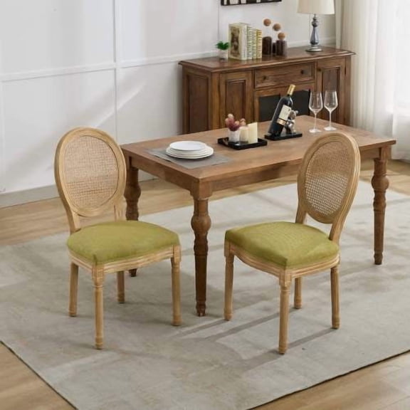 Dining Chairs Set of 2, Linen Fabric Rattan Back Dining Chair, French Style Solid Wood Frame Antique Painting, Upholstered Accent Chair, Olive-Green