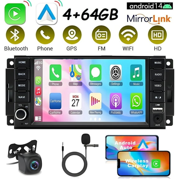 Eforcase 4 64G Car Radio for Chrysler for Dodge for Jeep, Car Stereo Built-in Apple Carplay Android Auto,GPS Navigation, Bluetooth with Back-up Camera