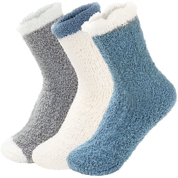 TELOLY Ankle Socks for Women 3 Pairs Patchwork Womens Fuzzy Socks Cozy Fluffy Winter Cabin Slipper Warm Soft Thick Comfy Socks Boot Socks Blue