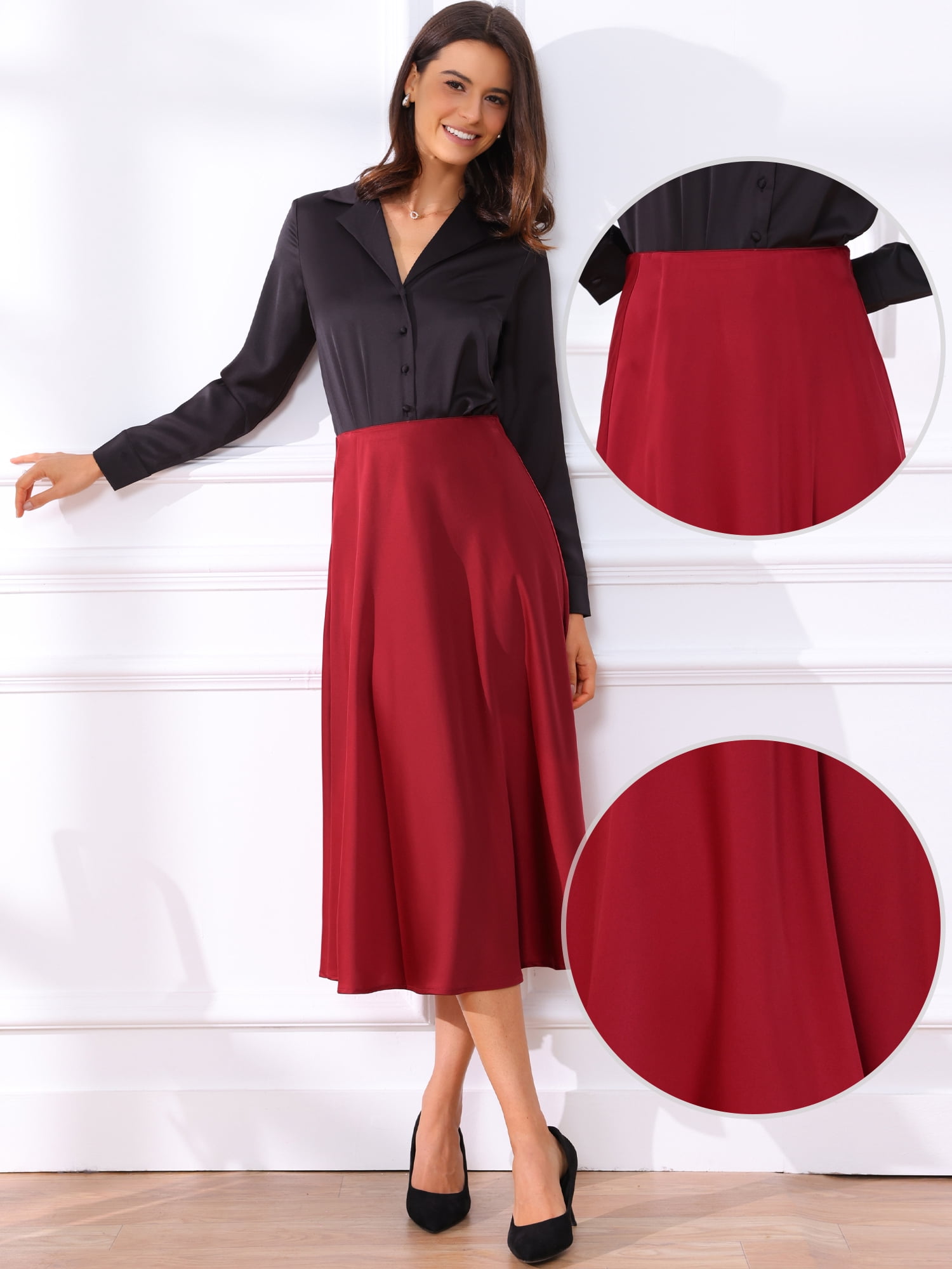 DARING DIVA Women's High Waist Satin Flared A Line Midi Skirts XS Red