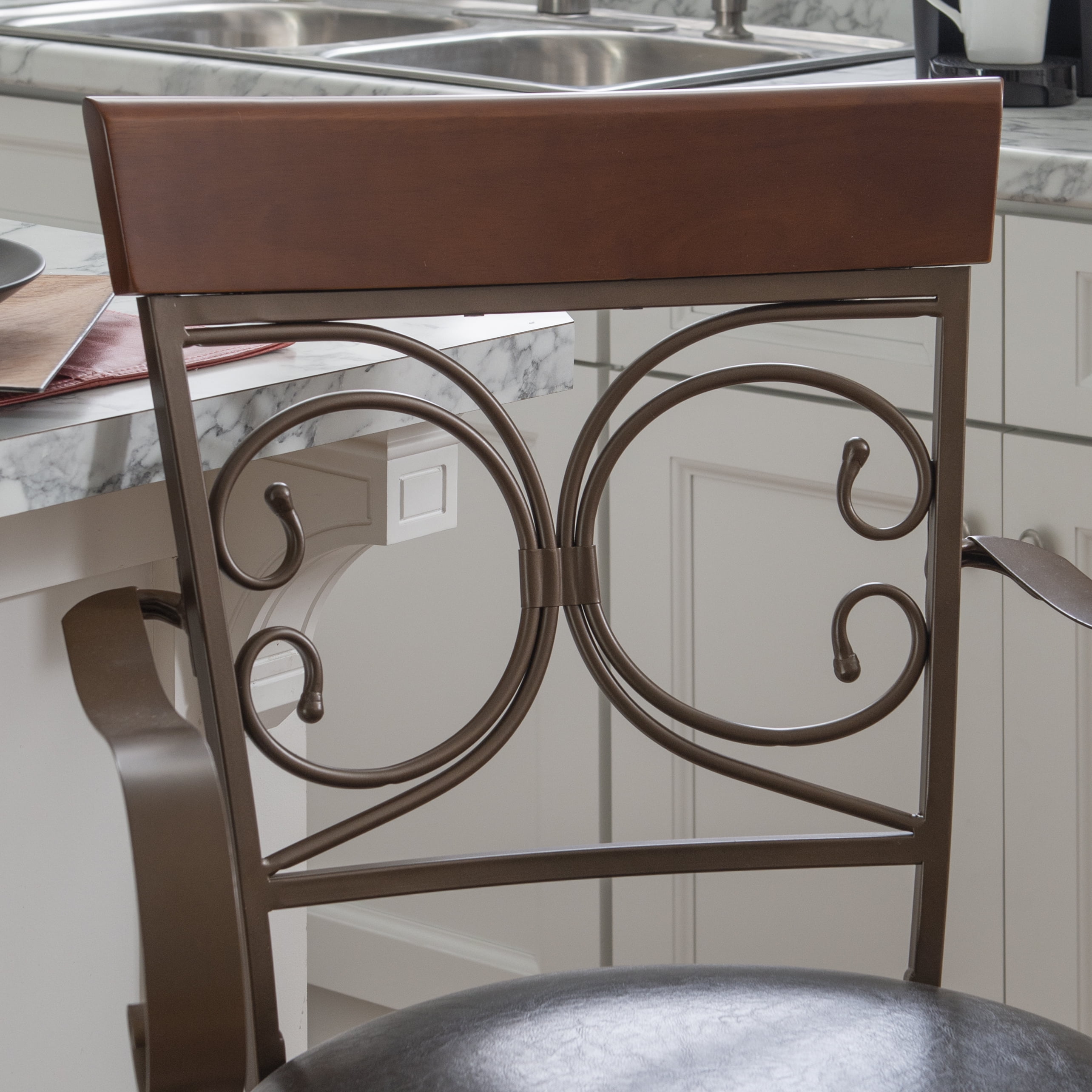 Powell Big & Tall 24" Indoor Metal Ornate Swivel Counter Stool with Arms, Bronze/Dark Brown Faux Leather