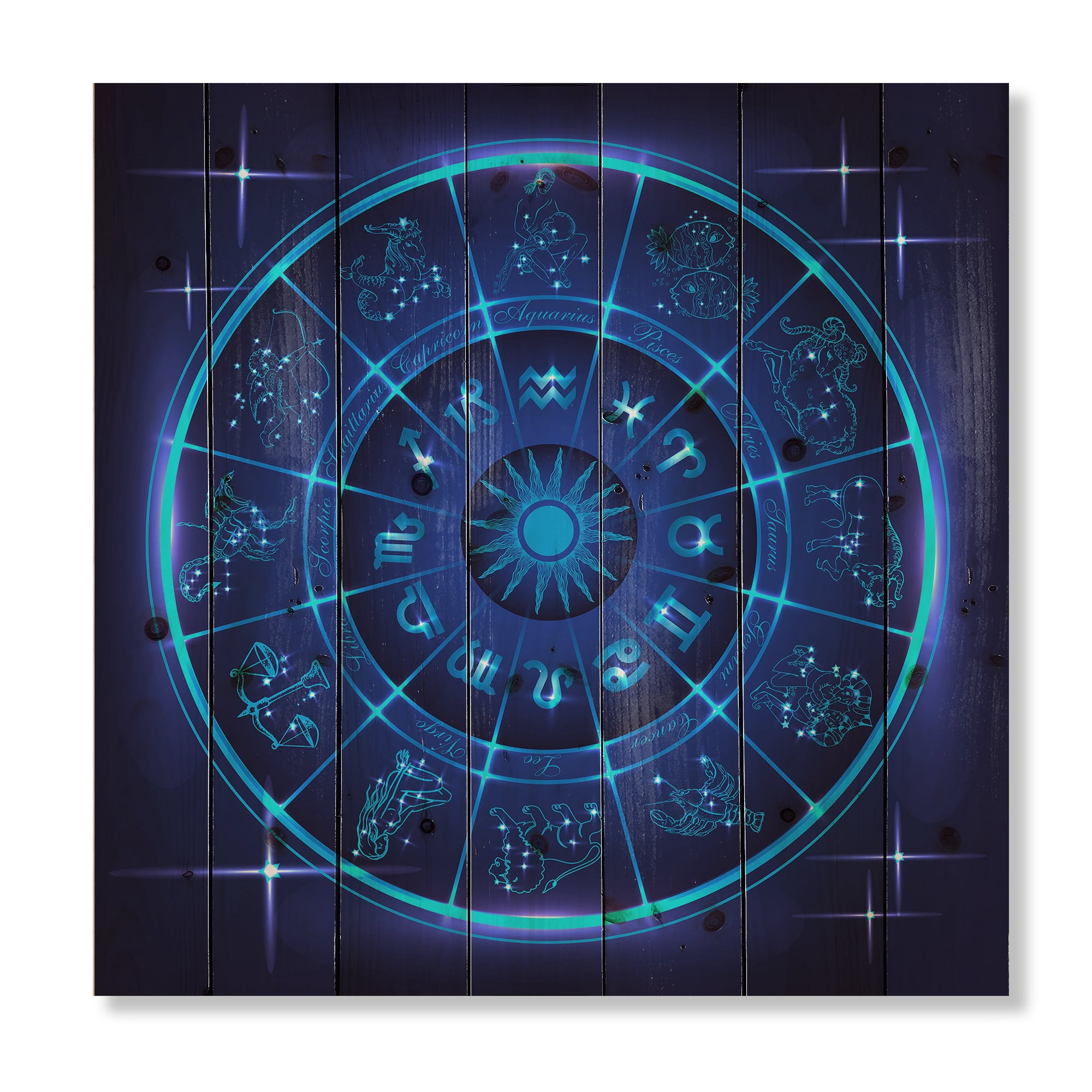 Designart 'Zodiac Signs With Neon Deep Blue Horoscope Circle' Modern Print on Natural Pine Wood