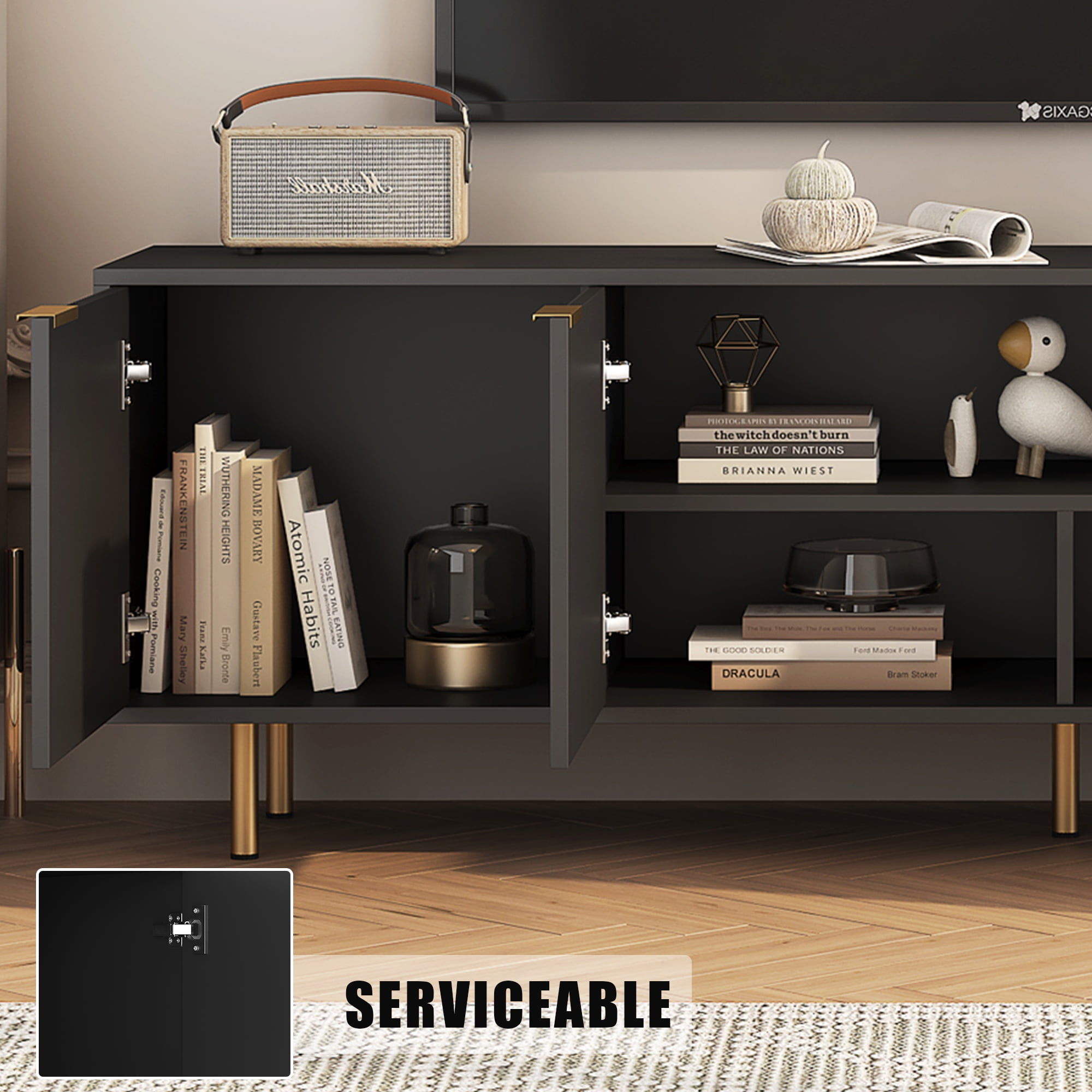 HIUU Black Modern Fluted TV Stands for Living Room, Entertainment Center with 4 Doors Cabinet Storage,Console Table Metal Adjustable Legs for 65''TV