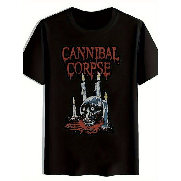 Men'S Black Cannibal Corpse Graphic T-Shirt - Bold Skull & Candle Design, Casual Round Neck, Summer Fashion Statement, Regular Fit, Short Sleeve, Black Tshirt
