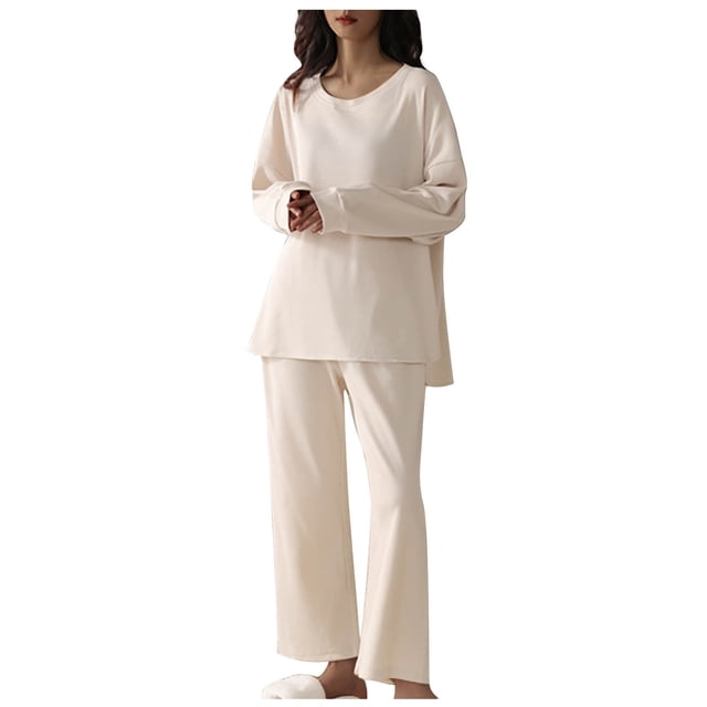 FAIWAD Lounge Pajamas Set for Women Spring Summer Long Sleeved Tops and Wide Leg Slacks Comfy Loungewear Set
