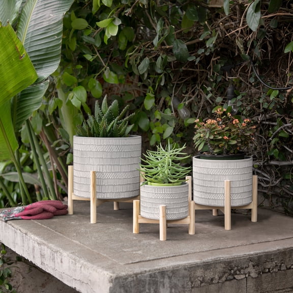 Flower Pot for Home Decor Planter with Wooden Stand - Ceramic Indoor Plant Pot for Garden Styling, Patio, and Hallway - Accent with Textured Design Living Room Decor - 6", Ivory & Tan
