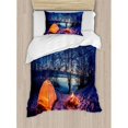 thumbnail image 3 of Forest Duvet Cover Set King Size, Dark Night Camping Tent Photo in the Winter on the Snow Covered Lands by the Lake, Decorative 3 Piece Bedding Set with 2 Pillow Shams, Blue Orange, by Ambesonne, 3 of 3