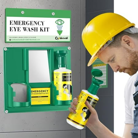 Newly Released Portable Eye Wash Station OSHA Approved Emergency Eye Wash Kit Wall Mounted, Upgraded Bottle Holder&Larger Mirror, 16.9oz Bottles, NO Solution (Green Cap)