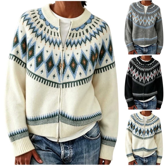 Women's Fair Isle Cardigan Zip Up Crew Neck Long Sleeve Loose Fit Sweater