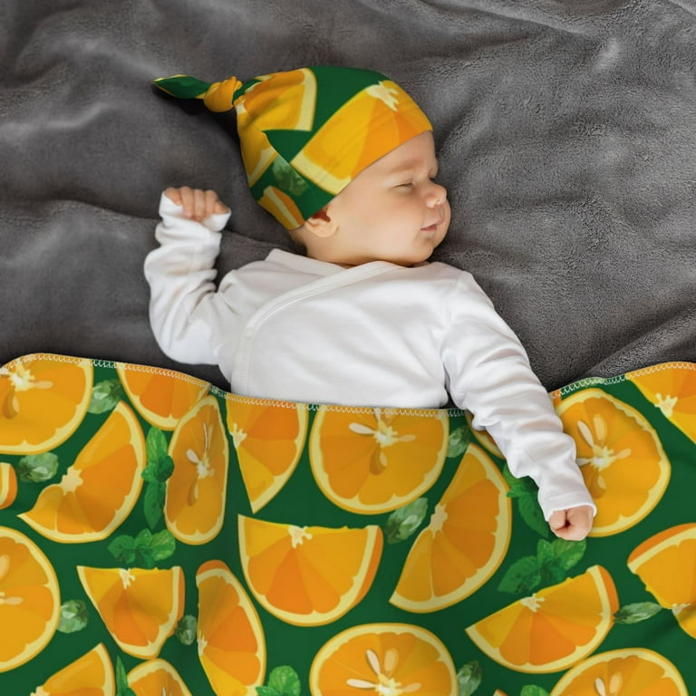 Rocae Orange Lemon for Newborn Swaddle Set with Matching Beanie Hat and Headband Bow Baby Blanket Set Soft and Cozy Baby Swaddle Nursery Hat