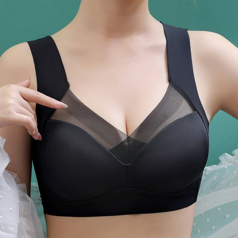 rygai Breathable Wireless Brassiere Solid Soft Anti-deformation Bouncy  V-neck Anti-slip Smoothing Full-coverage Underwear for Yoga,Black,L