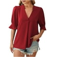 thumbnail image 2 of ClodeEU Women's V-Neck Pleated Woven Chiffon Blouse,Long Sleeve Short Sleeve Top for Spring Summer Red,Womens Plus M, 2 of 4