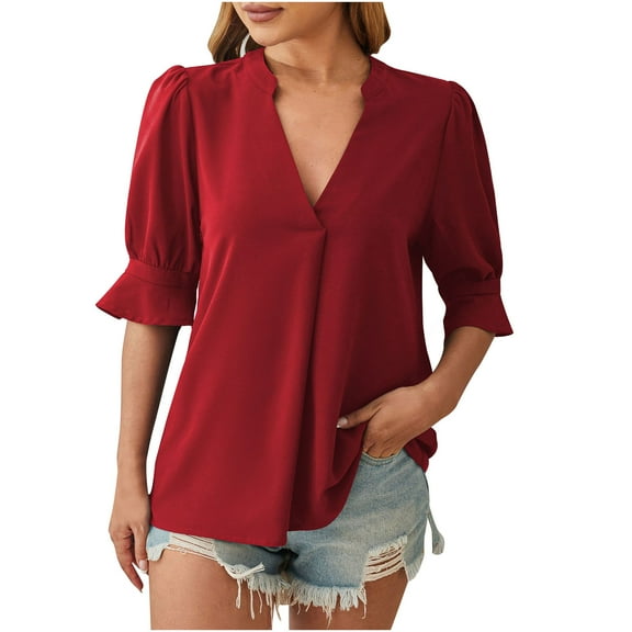 Xihbxyly Blouses for Women Business Casual, Womens Tops V Neck Short Sleeve T-Shirts Summer Print Blouses Casual Loose Tops Blouses Fashion Tunic Shirt