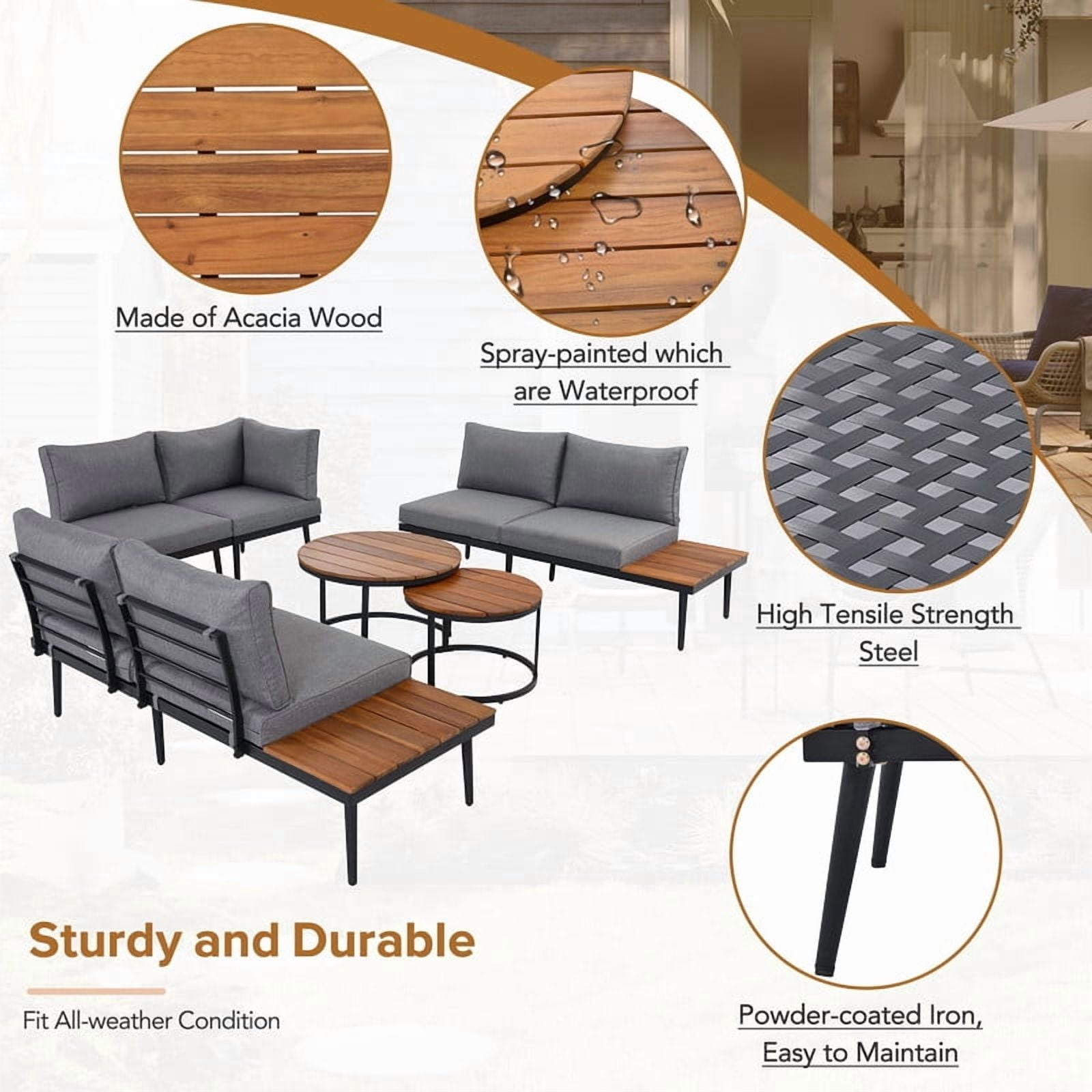 6-Piece L-Shaped Outdoor Sectional Sofa Set with Round Nesting Coffee Tables, Patio Furniture Set with Side Tables, Outdoor Conversation Set with Cushions
