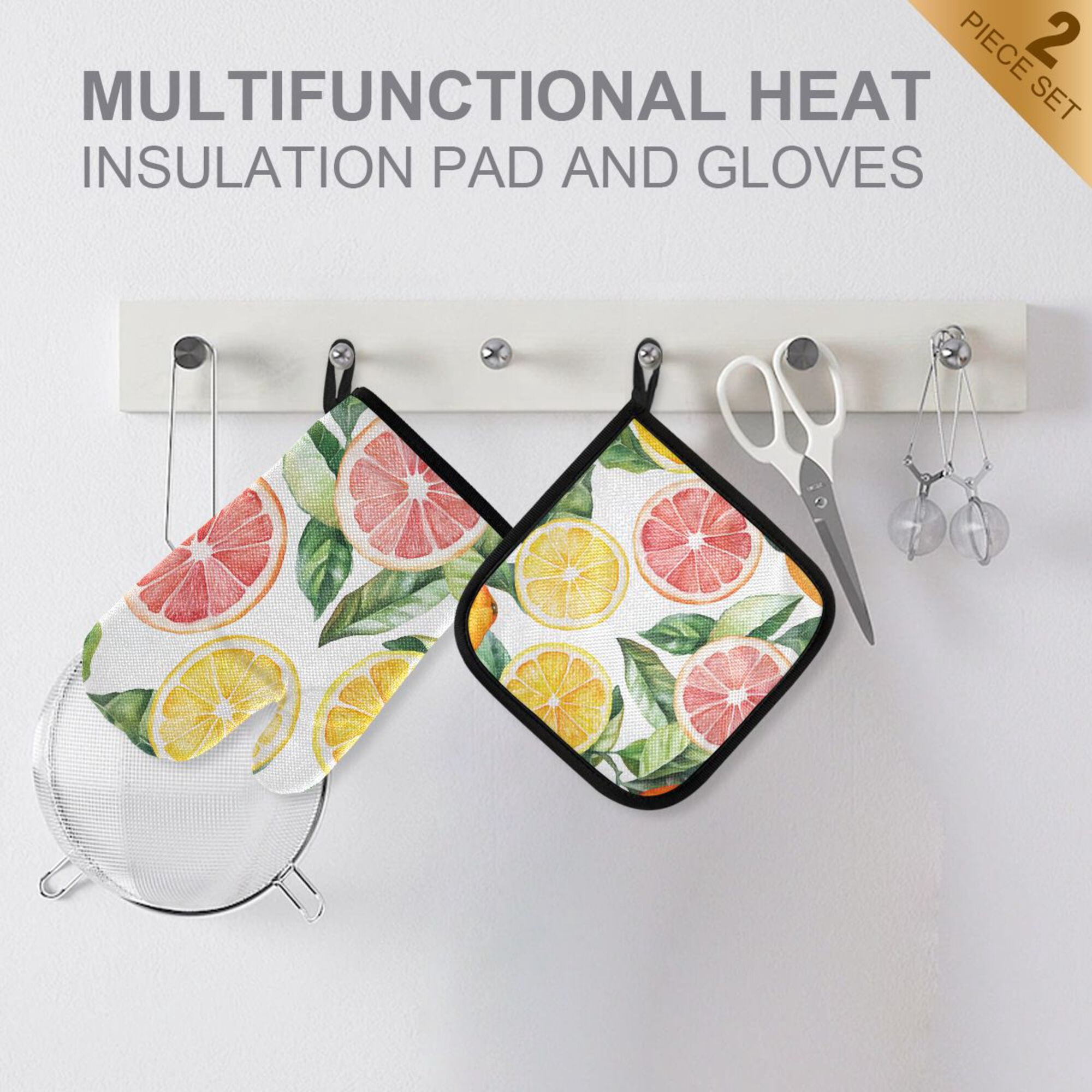 Yayeee Oven Mitts and Pot Holder Set of 4 Heat Resistant Kitchen Gloves Baking Hot Pad, Candy Grapefruit