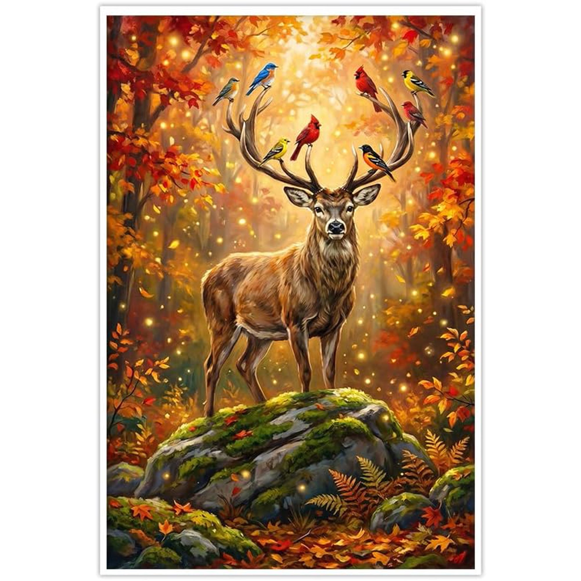 Rustic Deer and Birds Wall Art Woodland Forest Autumn Nature Wildlife Print