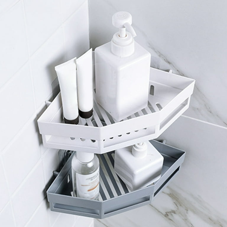 JARPSIRY 360° Rotating Corner Shower Caddy, Plastic Storage Rack Organizer  with Hooks, Adhesive Wall Mounted Bathroom Shelf Shampoo Holder for