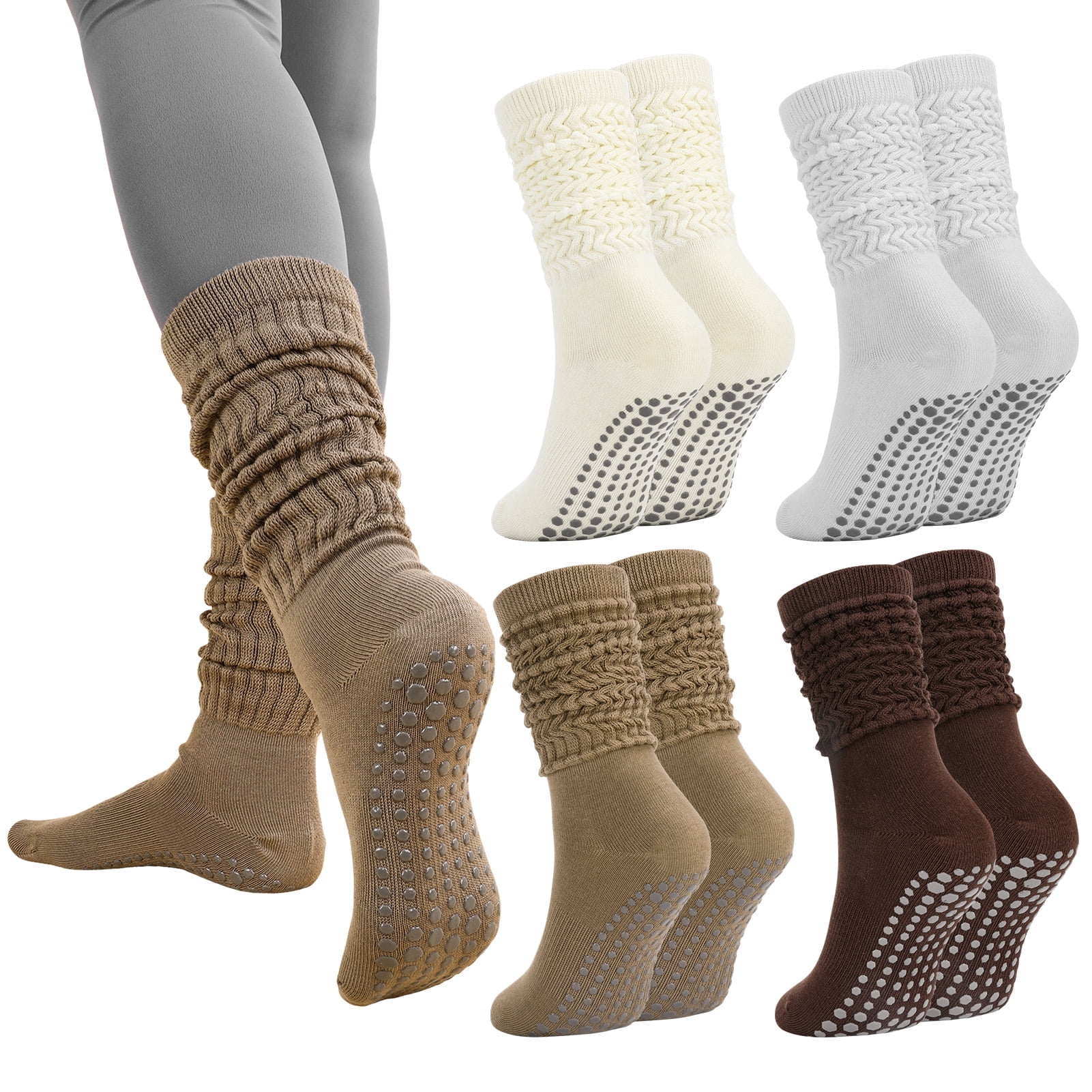 Bocaoying 4 Pairs Women's Scrunch Socks with Grips, Breathable Slouch Socks, Long Socks Non-Slip for Pilate, Barre, Yoga, Gym, US Size 5-10
