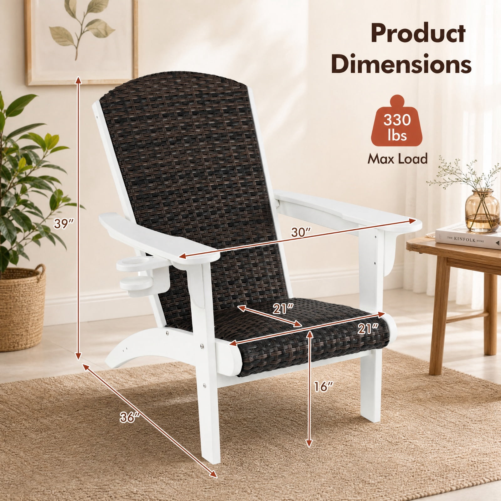 Furnibear Patio Adirondack Chair with Rattan Padded Seat HDPE Frame Wide Armrests and Hidden Cupholder for Backyard and Poolside, White
