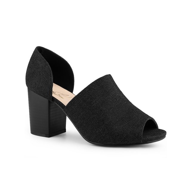 BLISSFUL STEP Denim Open Toe Chunky Heels Wide Heel Slide Mules Black 9
