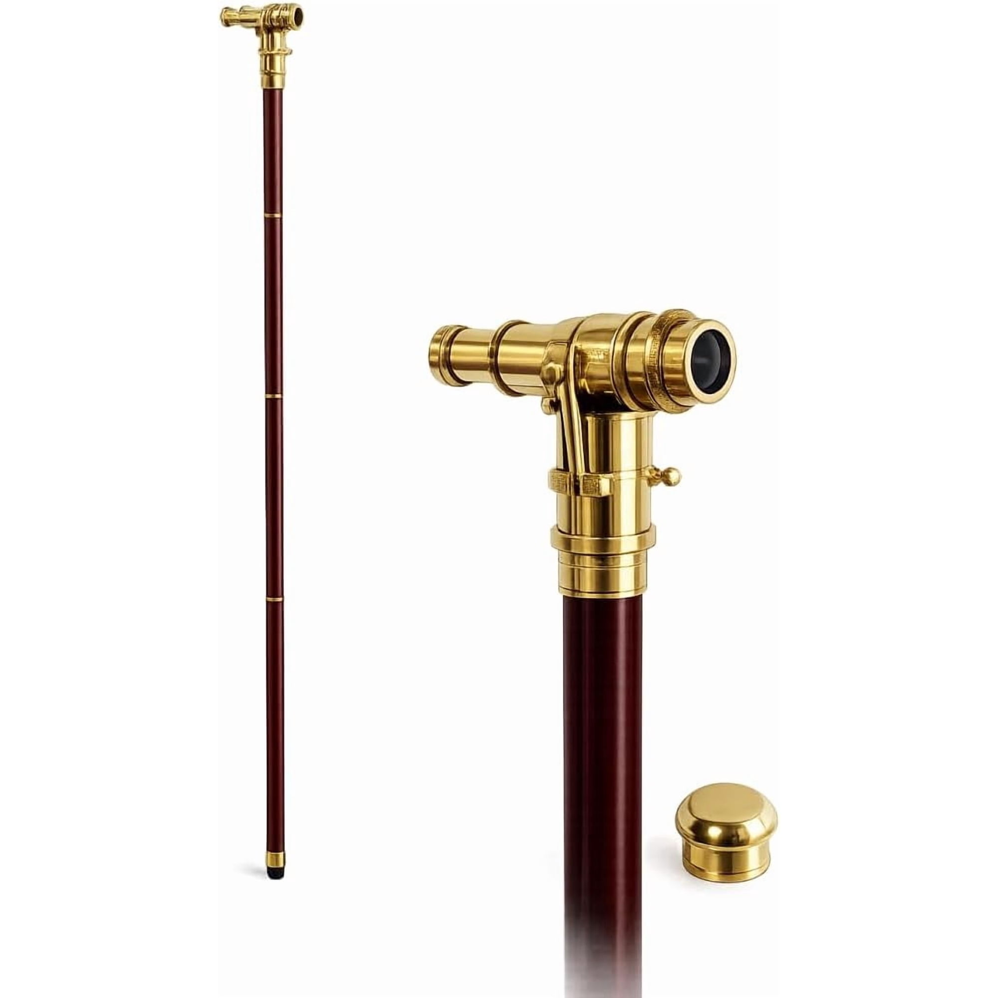 Nautical Wood Cane Telescope Walking Stick Hidden Spy Brass Handle