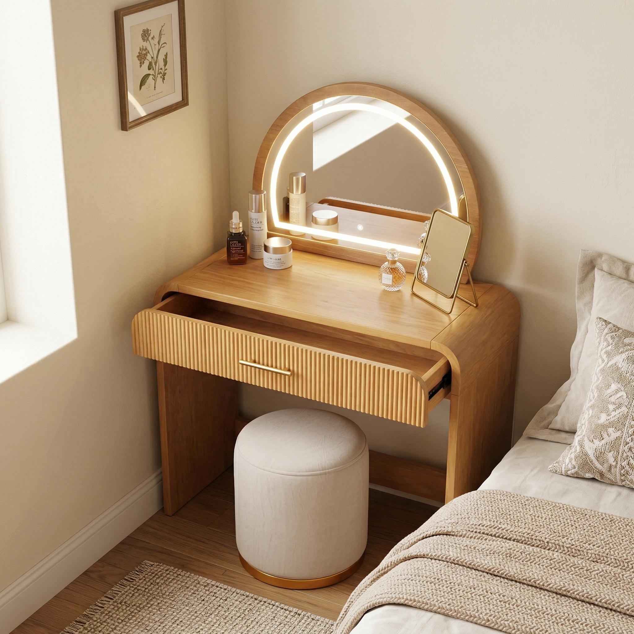 Homy Casa Vanity Table with Lighted Mirror, Large Drawer & Wood Makeup Desk for Bedroom