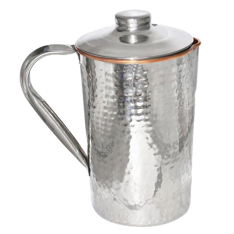 IMTRA FASHION Pure Copper and Stainless Steel Pitcher 50.7 Fl Oz Hammered Water Jug With Lid for Drinking Ayurveda Health Benefits