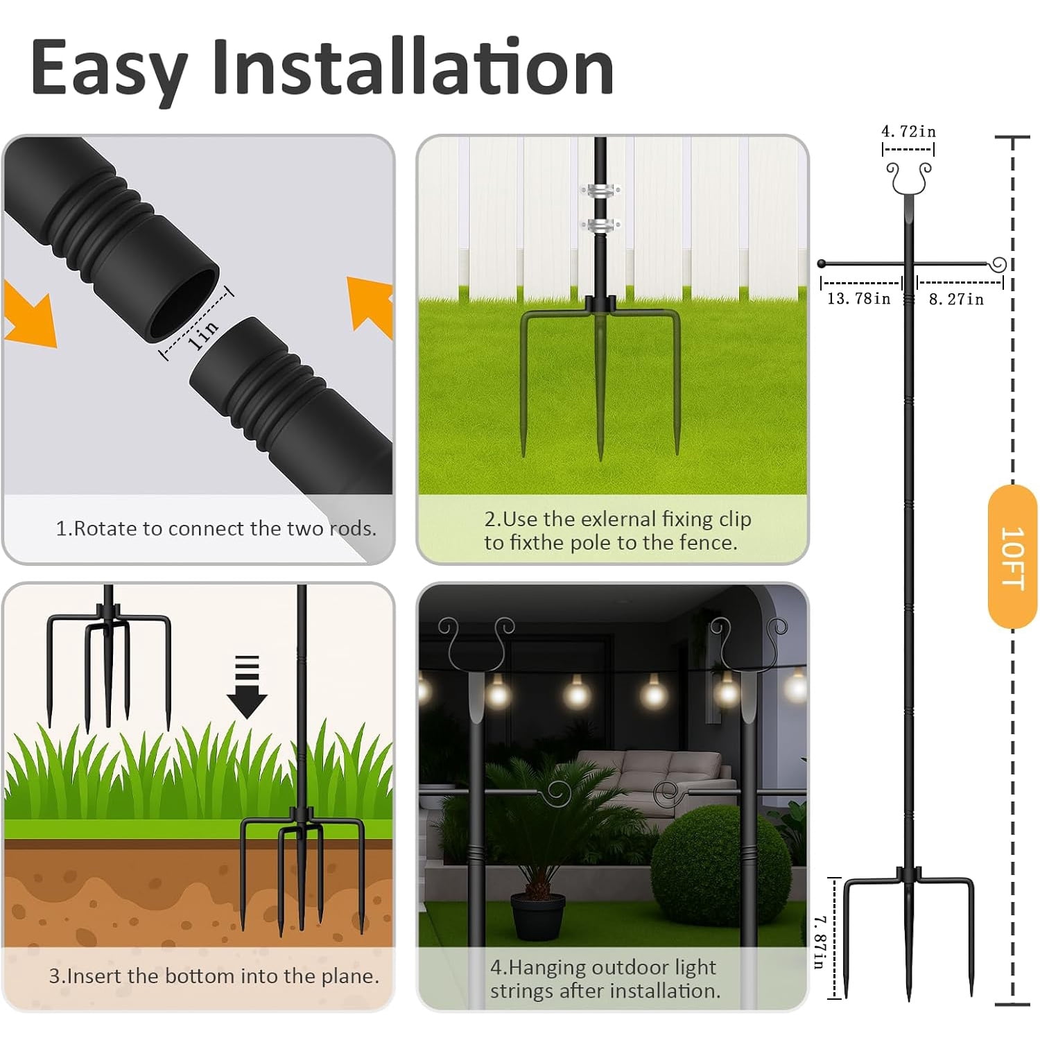 2-Pack Outdoor String Light Pole, 10FT Waterproof Heavy-Duty Metal Poles fo Outside Garden Backyard Deck,Rustproof And Sturdy With Hooks.