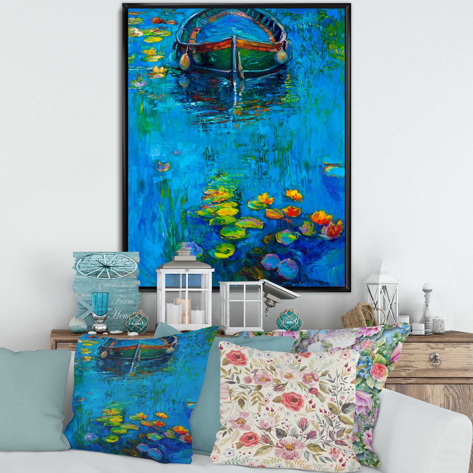 Boat In Blue Lake 12 in x 20 in Framed Painting Canvas Art Print