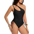 thumbnail image 4 of Bigersell One Shoulder One-Piece Swimsuits Women High Cut Bathing Suits Modest Cutout Side Lace-up Ruched 1 Piece Swimsuit Surfing Monokini Swimwear Black XXL, 4 of 5