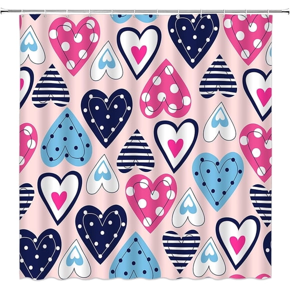 Rideau de Douche de la Saint-Valentin Rose Bleu Marine Cœur Romantique Doux Amour Moderne Boho Géométrique Coloré Mode Couple Amoureux 70x70 Pouces Décoration de Salle de Bain Rideau en Tissu avec Crochets