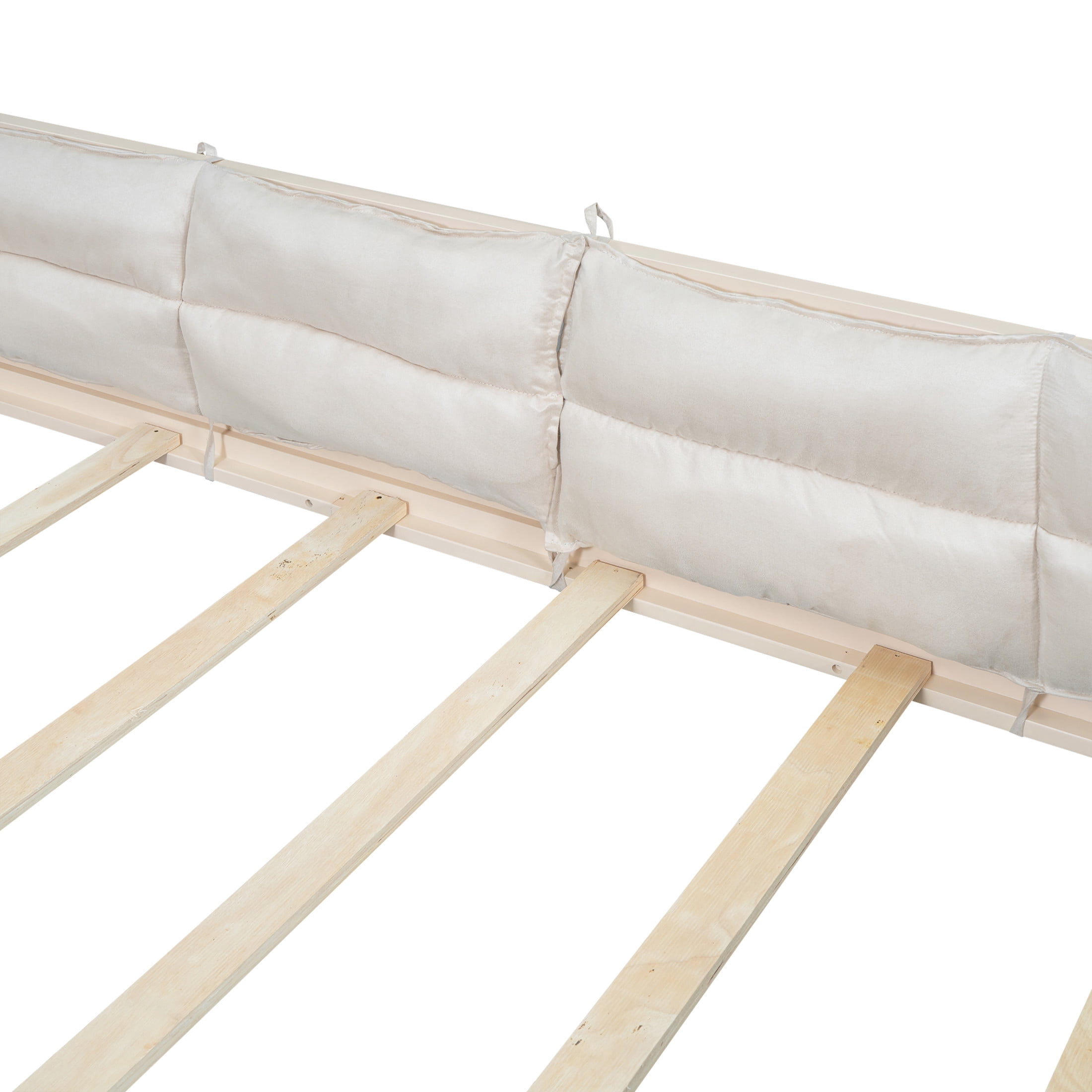 Noble House Myrrh Full Size Upholstered Platform Bed with Guardrails and Detachable Pillows, Pine Wood Frame, Beige
