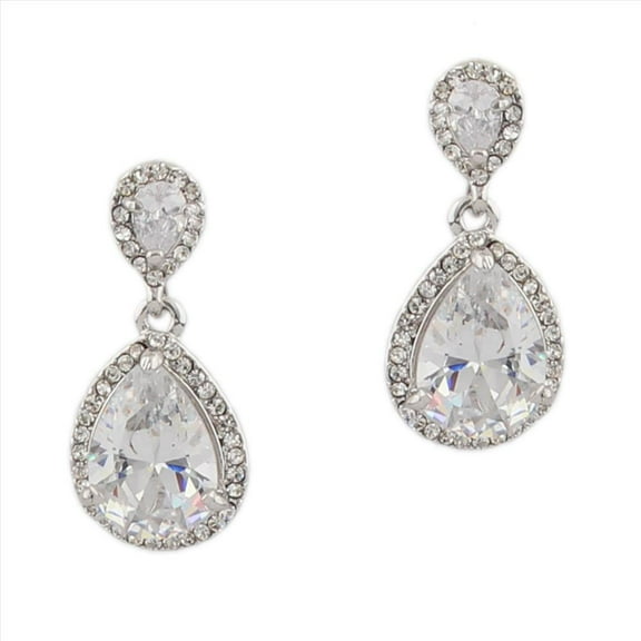 Wedding Cubic Zirconia Pear Shape Rhodium Plated Dangle Earrings