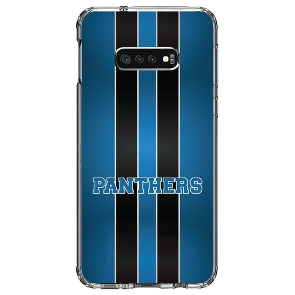 DistinctInk Clear Shockproof Hybrid Case for Samsung Galaxy S10e (5.8" Screen) - TPU Bumper, Acrylic Back, Tempered Glass Screen Protector - Blue Black Panthers - Football Team