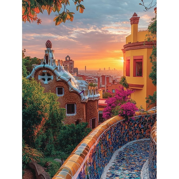Gaudi Park Sunset Mosaic Wall Art Canvas Print, Suitable for Living Room, and Restaurant Decoration.