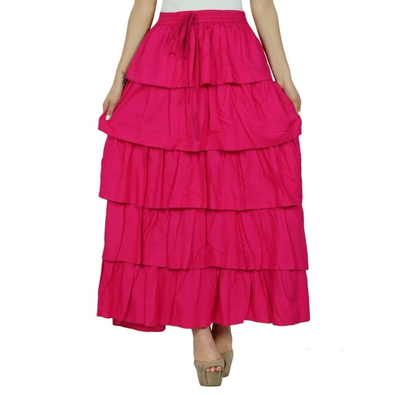 Bimba Women Pink Cotton Frill Skirt Long Flaired Elastic Waist Maxi Bottoms