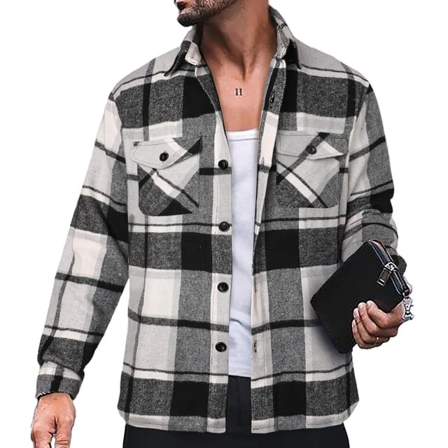 Chaqueta de camisa a cuadros de manga larga para hombre Chaqueta informal con botones y cuello vuelto de moda con bolsillo Gris M