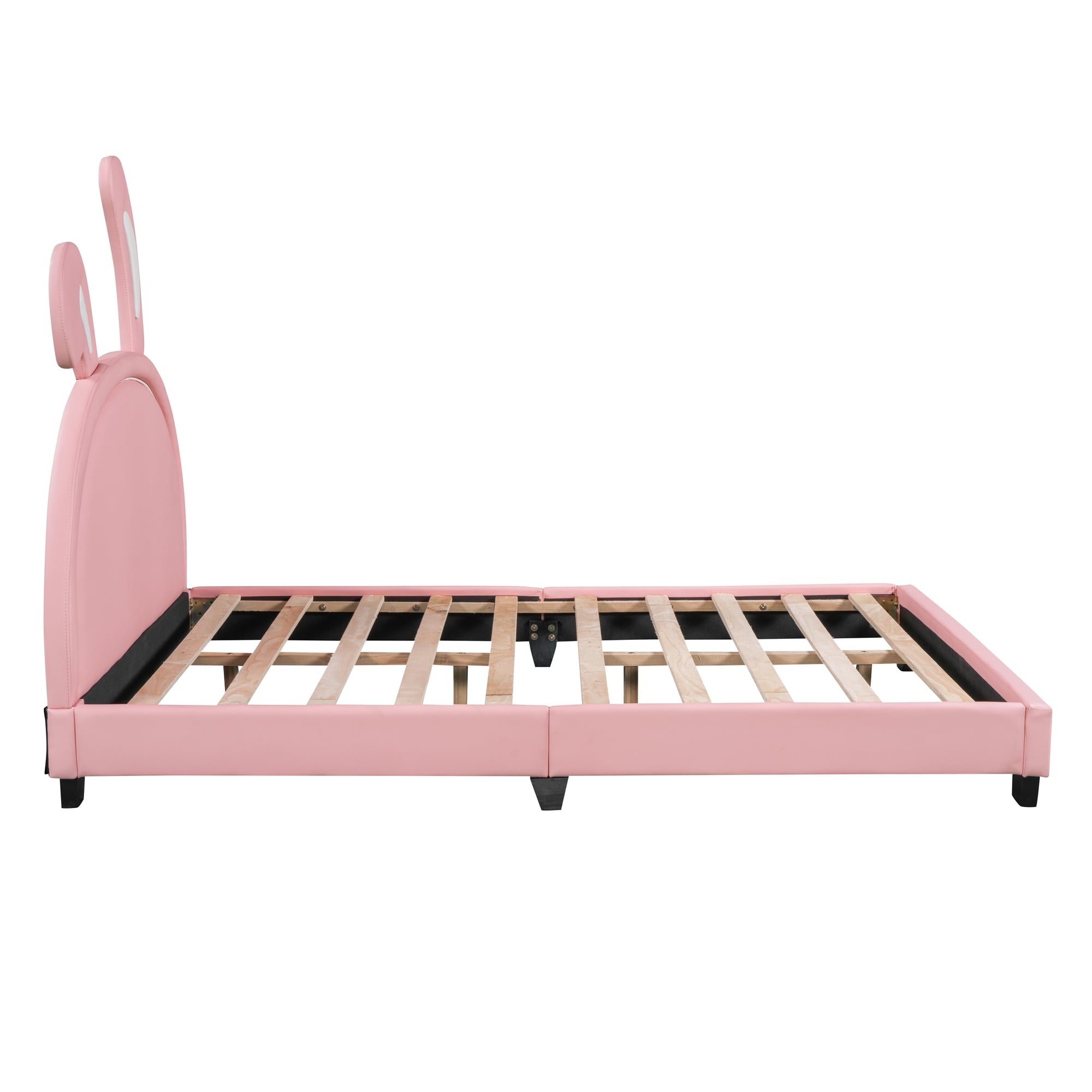 Aukfa Upholstered Platform Bed with Bunny Ears Headboard for Kids, Faux Leather Full Bed Frame - Pink