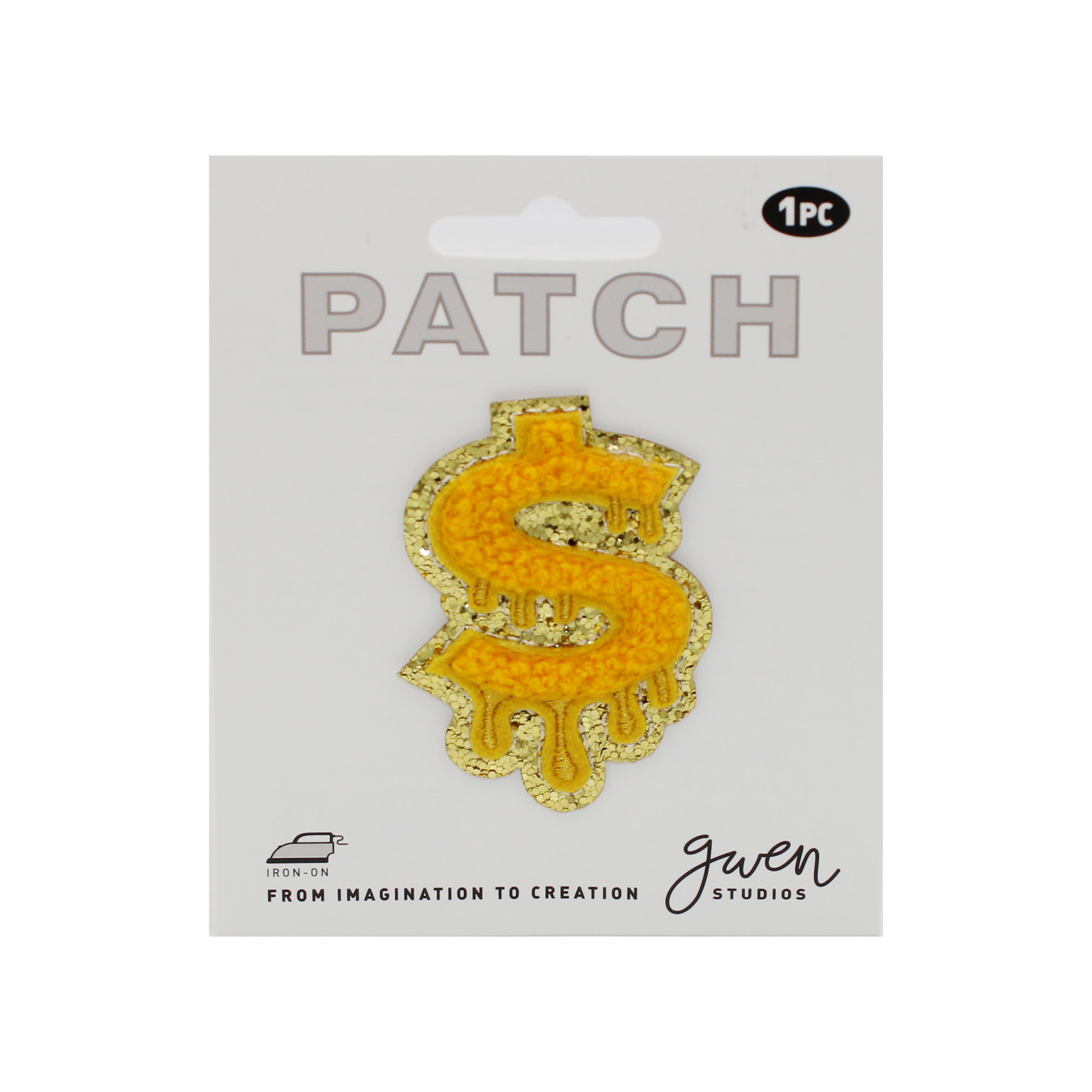 Gwen Studios Embroidered Gold Dollar Sign Iron-on Patch Applique, 1.7" x 2.4"