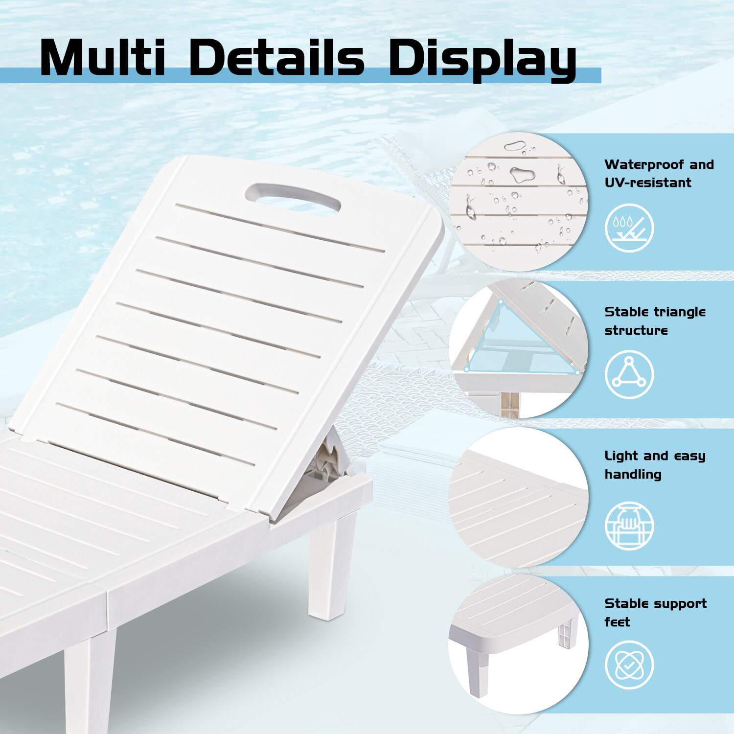 Pool Lounge Chairs Set of 2, Patio Chaise Lounge Chairs Outdoor Furniture Set for 2 with Adjustable Back and Retractable Tray, All-Weather Plastic Reclining Lounge Chair LLL1713 - image 5 of 10