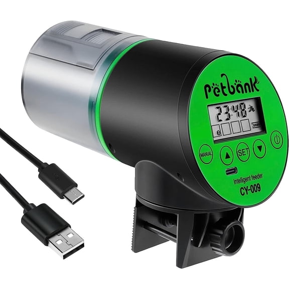 Petbank Automatic Fish Feeder - Rechargeable Timer Fish Feeder with USB Charger Cable, 200ML Fish Food Dispenser Box for Aquarium or Fish Tank (Green)