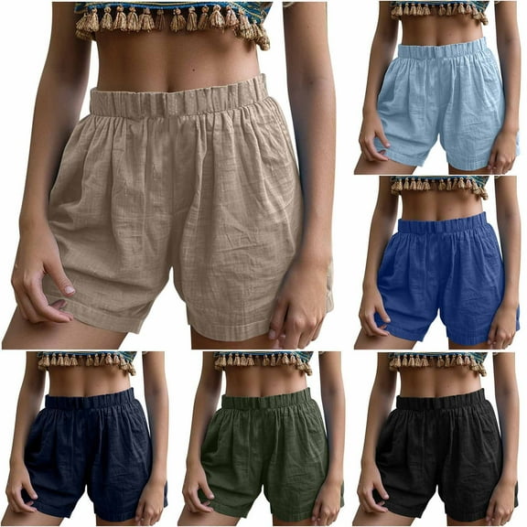 Olyvenn Women's Summer Cotton Linen Shorts Elastic High Waisted Wide Leg Short Pants Casual Cute Shorts with Pockets Black S