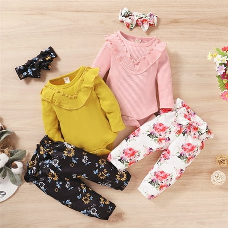 

2020 New 3 Pcs Newborn Baby Floral Print Outfits Long Sleeve Round Neck Ruffle Romper Bow Trousers Headband