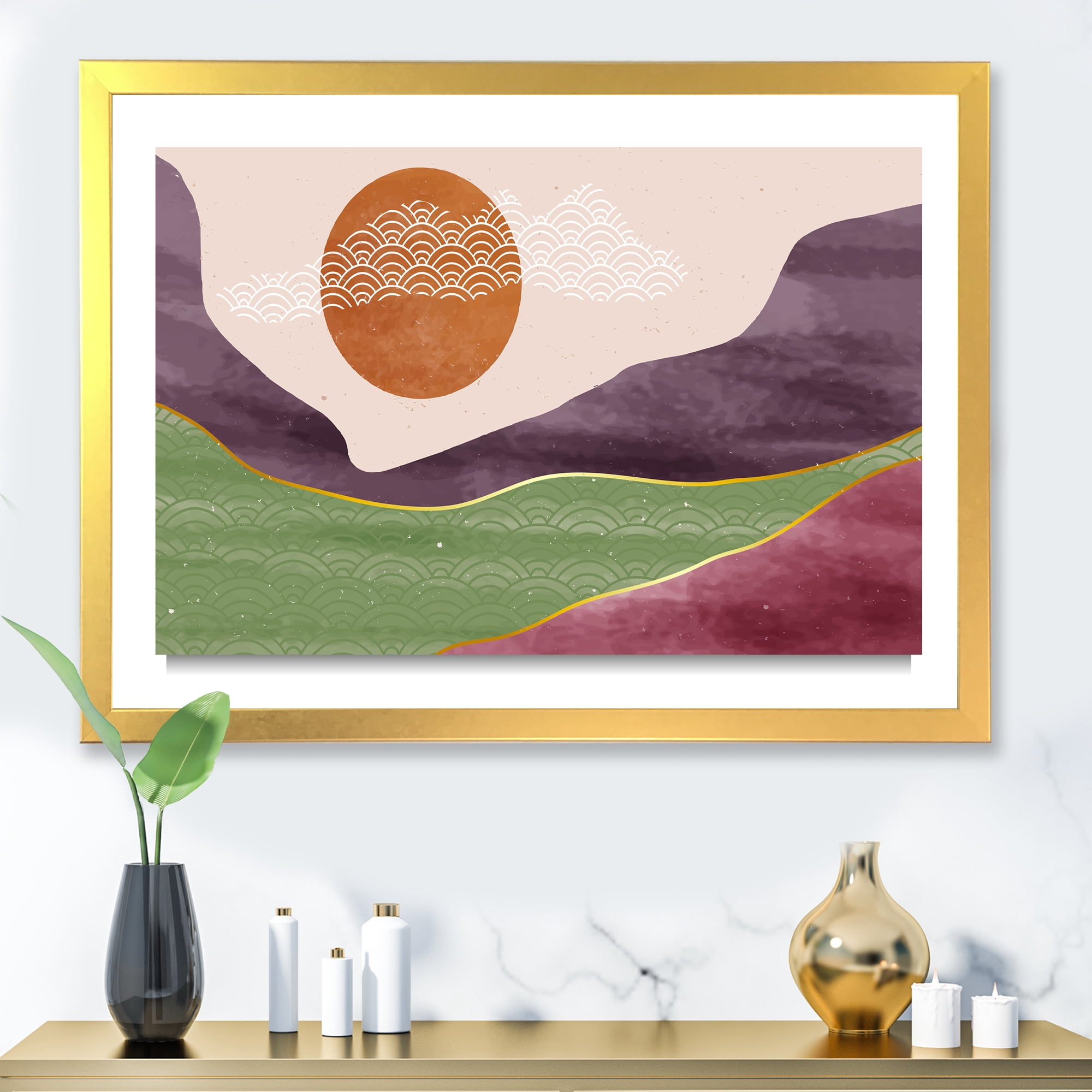 Designart 'Abstract Landscapes With Mountain River and Moon' Modern Framed Art Print