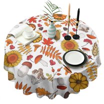 Fall Pumpkins Sunflowers Mushrooms Round Tablecloth 60" X 60",Wrinkle Wipeable Table Cloth for Kitchen Dining Room Picnic Patio Party