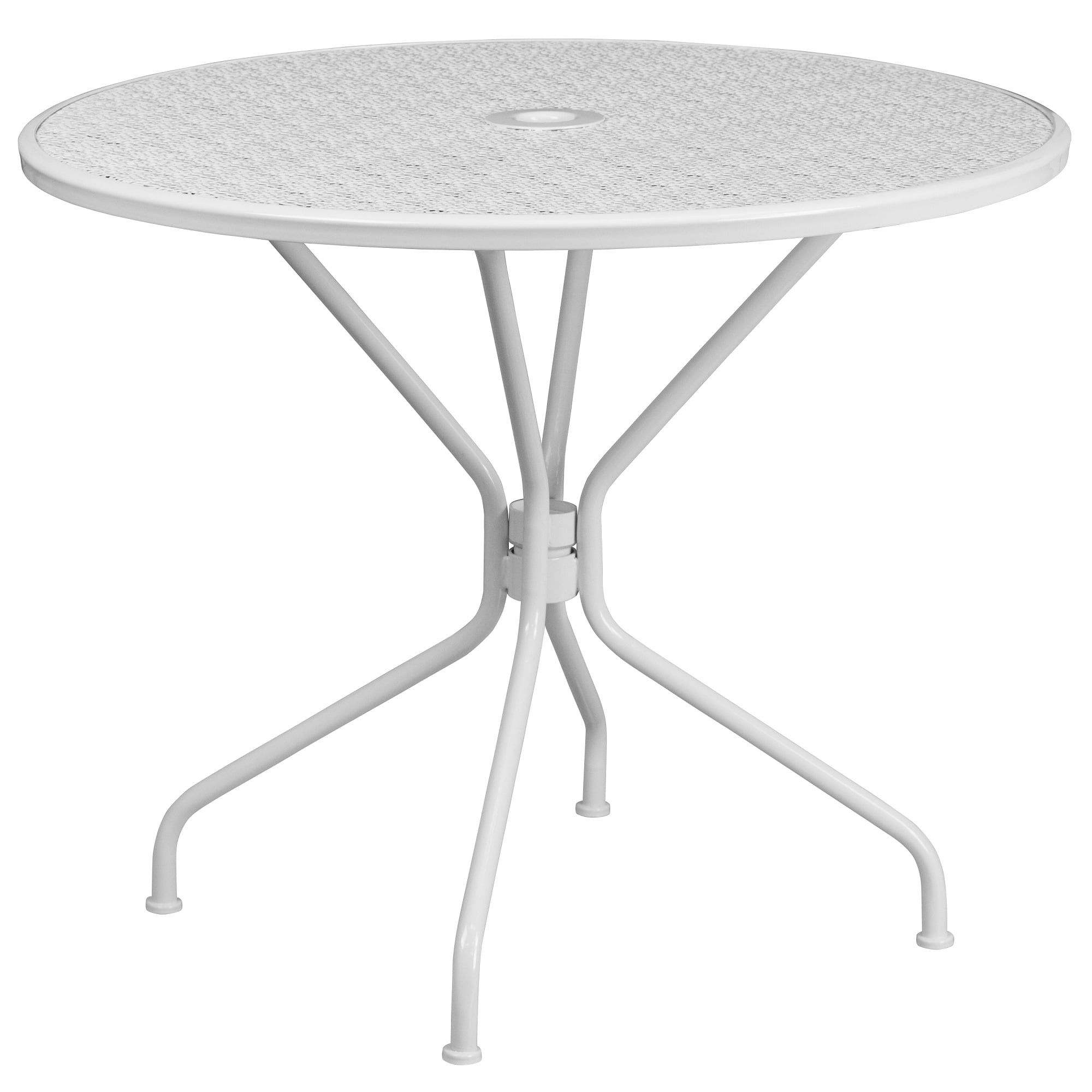 35 25 White Contemporary Round Outdoor, Round Outdoor Dining Table 23 58 In W X L With Umbrella Hole