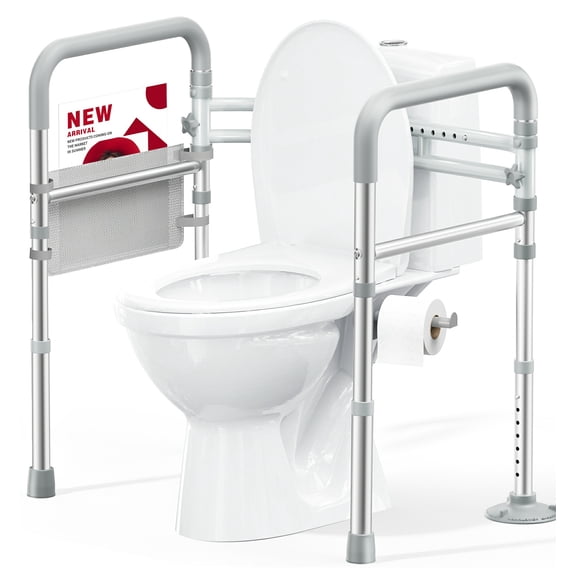 HOMLAND 350 lbs Toilet Safety Rails for Seniors, Foldable and Portable Toilet Safety Frame Stability, Adjustable Height and Width Bathroom Safety Rails for Elderly & Disabled