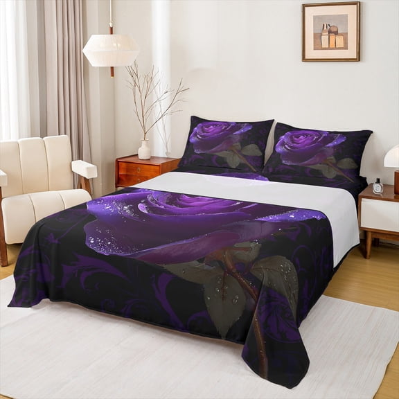 Castle Fairy Boys Girls Floral Purple Rose Twin Sheet Sets 3pcs,Romantic Flowers Twin Fitted Sheet Microfiber,Chic Flowers Blossoms Breathable Flat Sheet,Luxury Bedroom Decor