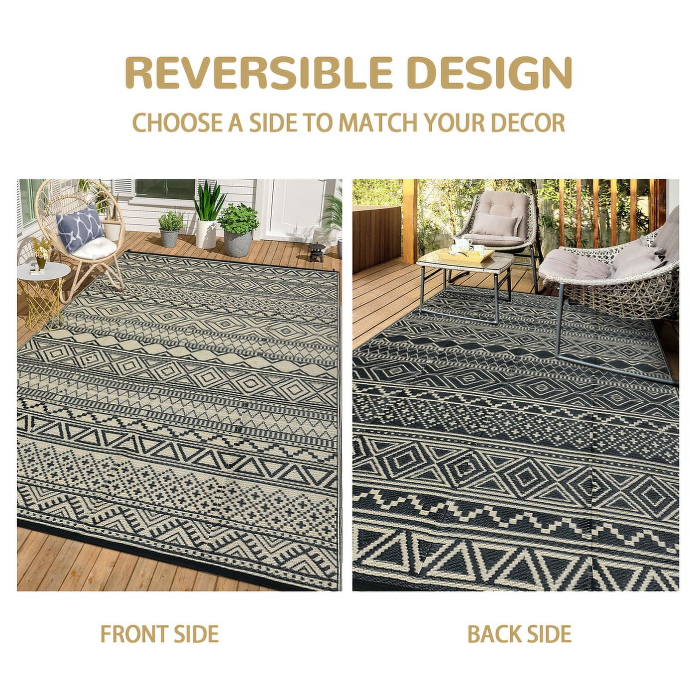 GlowSol 8'x10' Outdoor Rug Carpet Waterproof Reversible Patio Rug RV Camping Rug Plastic Straw Rug Outside Indoor Outdoor Boho Area Rug, Black Brown